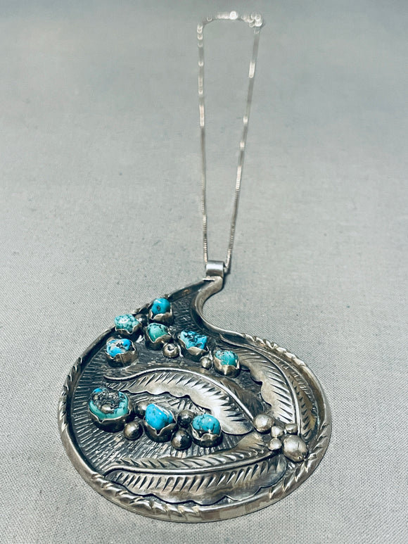 Scotty Platero Vintage Native American Navajo Signed 9 Turquoise Silver Leaves Necklace-Nativo Arts