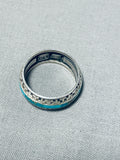 Unique Vintage Native American Navajo Blue Gem Turquoise Inlay Sterling Silver Ring-Nativo Arts