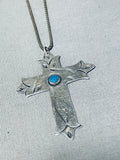 Heavenly Vintage Native American Navajo Morenci Turquoise Sterling Silver Cross Necklace-Nativo Arts