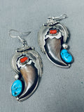 Huge Native American Navajo Turquoise Sterling Silver Bear Cla Coral Earrings-Nativo Arts