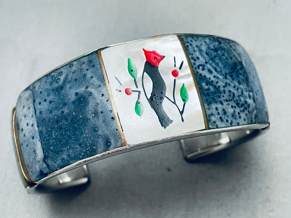Intricate Inlay Vintage Southwest Bird Sterling Silver Bracelet Cuff
