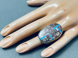 30 Grams Heavy Big Native American Navajo Turquoise Agate Sterling Silver Inlay Ring-Nativo Arts