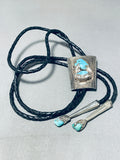Phenomenal Vintage Signed Native American Zuni 2 Blue Gem Turquoise Sterling Silver Bolo-Nativo Arts
