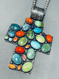Rare Native American Navajo Signed Frogstain Spiderweb Turquoise Coral Silver Cross Necklace-Nativo Arts