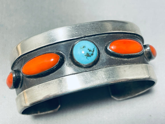 **quality** Vintage Native American Navajo Turquoise Long Coral Sterling Silver Bracelet-Nativo Arts