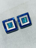Dazzling Native American Navajo Inlay Lapis Opal Mother Of Pearl Sterling Silver Square Earrings-Nativo Arts