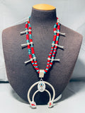 Fabulous Native American Navajo Turquoise Coral Sterling Silver Inlay Squash Blossom Necklace-Nativo Arts