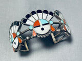 One Of Best Heavy Early Native American Zuni Inlay Sun God Sterling Silver Turquoise Bracelet