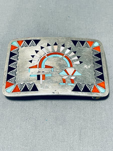 Fascinating Vintage Native American Zuni Inlay Jet Coral Turquoise Rainbow Man Silver Buckle-Nativo Arts