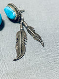 Brilliant Vintage Native American Navajo Morenci Turquoise Sterling Silver Feather Earrings-Nativo Arts