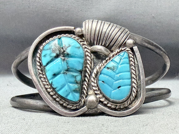 Native American Hand Carved Turquoise Leaf Vintage Navejo Sterling Silver Bracelet-Nativo Arts