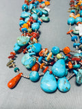 Amazing Native American Navajo Turquoise Coral Spiny 6 Strand Silver Treasure Necklace-Nativo Arts