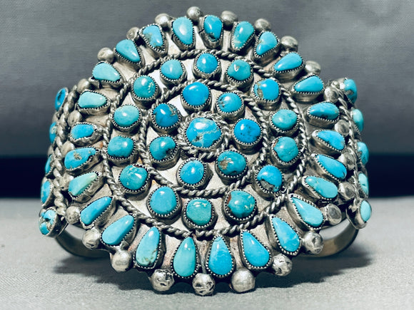 Dropdead Fab Vintage Native American Zuni Turquoise Cluster Sterling Silver Bracelet Old-Nativo Arts