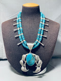 202 Gram Powerful Native American Navajo Turquoise Sterling Islver Squash Blossom Necklace-Nativo Arts