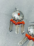 Authentic Native American Navajo Coral Sterling Silver Shield Earrings-Nativo Arts