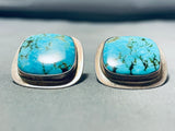 Striking Native American Navajo Pilot Mountain Turquoise Sterling Silver Earrings Signed-Nativo Arts