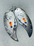 Extraordinary Native American Zuni Shell Turquoise Coral Cornstalk Maiden Earrings-Nativo Arts