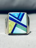 Very Rare!! Vintage Santo Domingo Turquoise Inlay Sterling Silver Ring-Nativo Arts