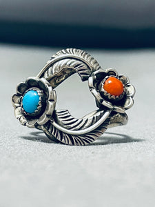 Rare Circle Leaves Vintage Native American Navajo Turquoise Coral Sterling Silver Ring-Nativo Arts