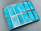 One Of The Biggest Best Vintage Native American Navajo Turquoise Inlay Sterling Silver Buckle-Nativo Arts