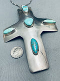 Gigantic Vintage Native American Navajo Hand Tooled Sterling Silver Turquoise Cross Necklace-Nativo Arts
