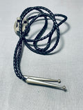 Native American Simply Vintage Navajo Domed Jet Sterling Silver Bolo Tie Old