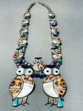 Gasp! Vintage Native American Zuni Turquoise Owl Sterling Silver Squash Blossom Necklace-Nativo Arts