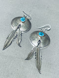 Native American Brilliant Vintage Morenci Turquoise Sterling Silver Shield Earrings-Nativo Arts