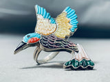 Massive Vintage Native American Zuni Turquoise Hummingbird Inlay Sterling Silver Ring