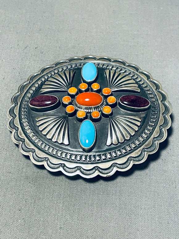 Stunning Native American Navajo Signed Sleeping Beauty Turquoise Coral Silver Buckle-Nativo Arts