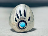 Signed Vintage Native American Navajo Sleeping Beauty Turquoise Sterling Silver Bear Track Ring-Nativo Arts