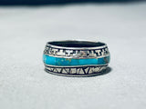 Unique Vintage Native American Navajo Blue Gem Turquoise Inlay Sterling Silver Ring-Nativo Arts
