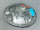 Jay Livingston Antelope Vintage Native American Navajo Sterling Silver Turquoise Buckle-Nativo Arts