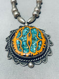 Walnut Wood Inlay!!! Vintage Native American Navajo Turquoise Sterling Silver Necklace Old-Nativo Arts