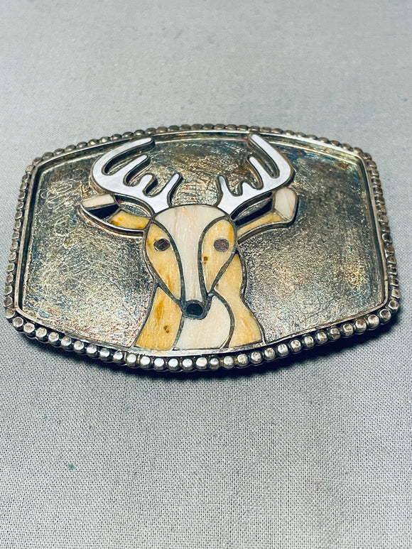 Important Vintage Native American Navajo Elk Inlay Sterling Silver Buckle Old-Nativo Arts