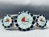 Detailed Vintage Native American Navajo Opal Inlay Sterling Silver Sun Bracelet
