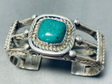 Ornate Vintage Signed Native American Navajo Green Kingman Turquoise Sterling Silver Bracelet-Nativo Arts