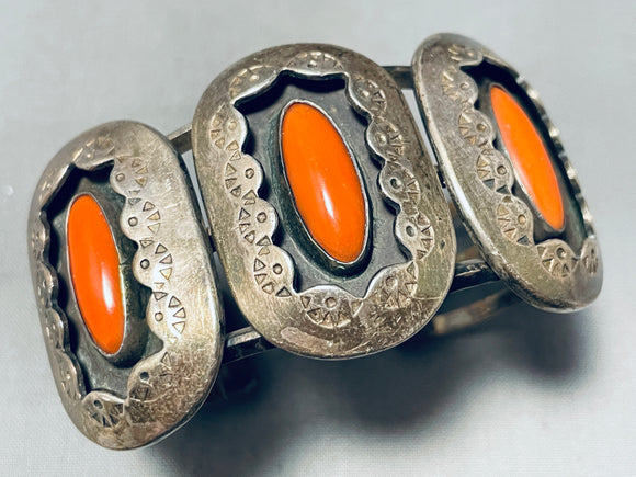 One Of The Best Vintage Native American Navajo Mid Century Coral Sterling Silver Bracelet-Nativo Arts