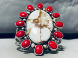 Colossal Native American Navajo Wildhorse Agate Coral Sterling Silver Bracelet Cuff-Nativo Arts