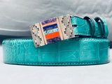 Museum Quality Vintage Native American Navajo Sterling Silver Inlay Croc Belt-Nativo Arts