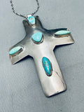 Gigantic Vintage Native American Navajo Hand Tooled Sterling Silver Turquoise Cross Necklace-Nativo Arts