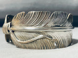 Crazy Detail Vintage Native American Navajo Sterling Silver Feather Bracelet Cuff-Nativo Arts