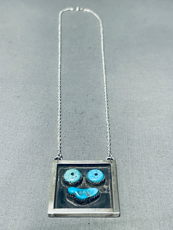 Important Happy Face Vintage Native American Navajo Turquosie Sterling Silver Necklace-Nativo Arts