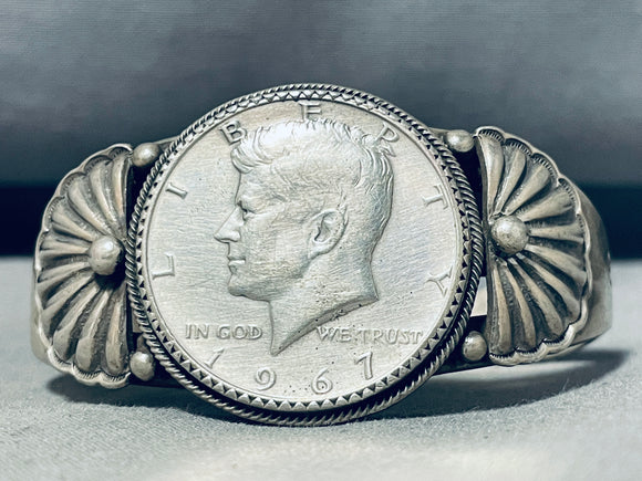 Remarkable Vintage Native American Navajo Signed Kennedy Half Dollar Silver Bracelet-Nativo Arts