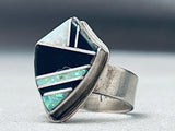 Shield Of Opal Jet Vintage Native American Navajo Sterling Silver Inlay Ring-Nativo Arts
