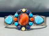 Dazzling Native American Navajo Signed Blue Gem Turquoise Sugulite Spiny Silver Bracelet-Nativo Arts