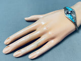 Huge Faux Diamond Vintage Native American Navajo Turquoise Sterling Silver Inlay Bracelet