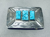 Massive Vintage Native American Navajo 3 Square Turquoise Sterling Silver Buckle-Nativo Arts