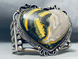 137 Gram Vintage Native American Navajo Yellow Jasper Sterling Silver Heart Bracelet