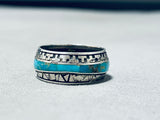 Unique Vintage Native American Navajo Blue Gem Turquoise Inlay Sterling Silver Ring-Nativo Arts